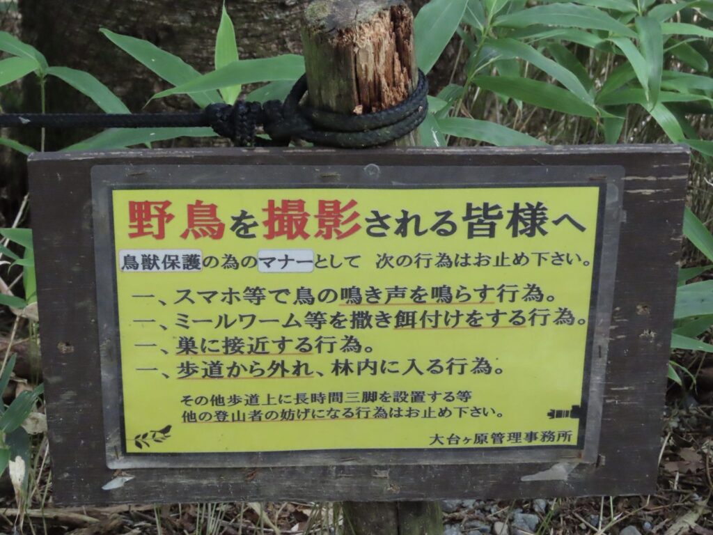 大台ヶ原の「野鳥を撮影される皆様へ」と書かれたマナー看板